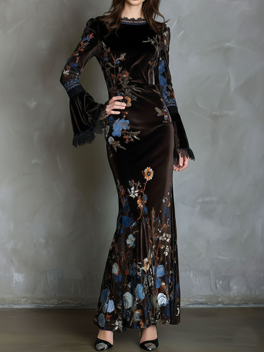 Vestido Floral Longo Elegance Midnight Velvet Com Renda