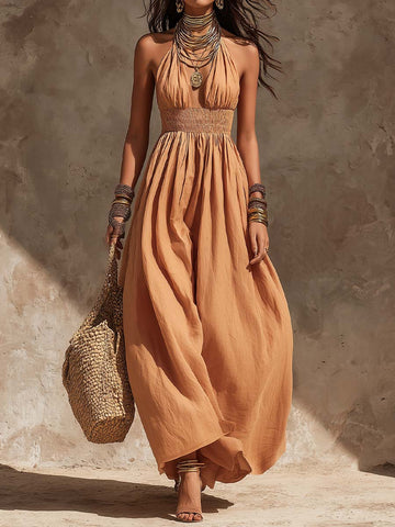 Bohemian Halter Smocked Cotton-Linen Maxi Dress