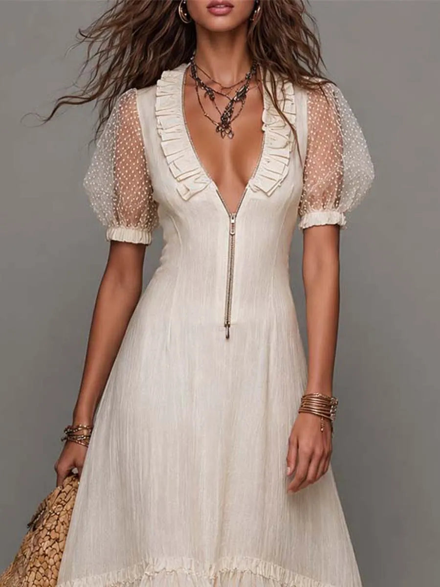 Bohemian Cream Cotton-Linen Mesh Puff Sleeve Maxi Dress