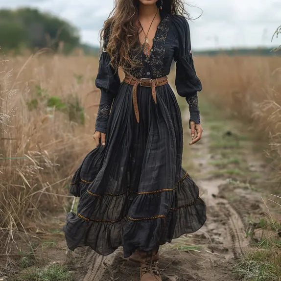 Vestido feminino longo de linho com decote em V e manga comprida para show sertanejo vintage 9954