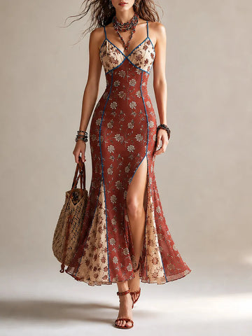 Vestido Longo Sereia de Chiffon Estampado Elegante com Fenda e Alcinhas