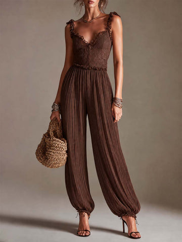 Tuta Intera Nera Boho con Corpetto in Pizzo e Pantaloni a Palloncino in Chiffon Plissettato