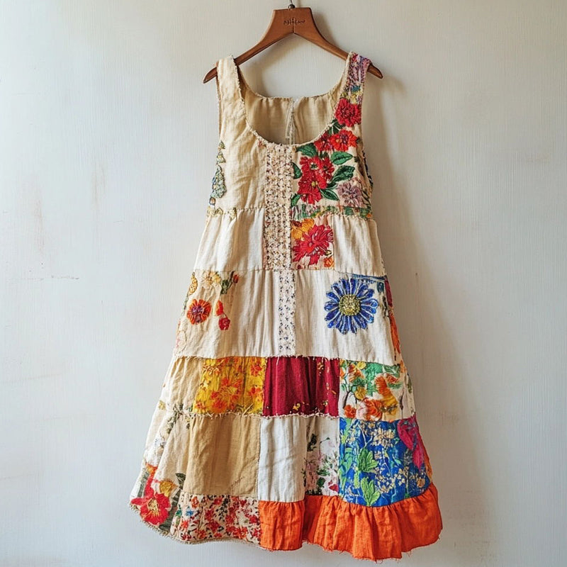 Vestido Boêmio de Renda Floral e Linho com Retalhos e4c0