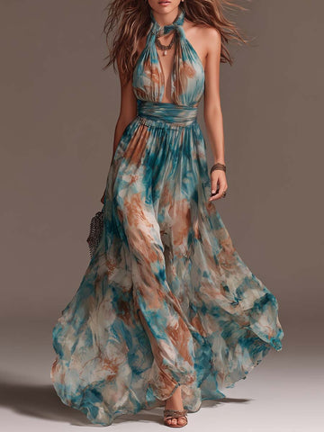 Vestido Longo Frente Única com Elástico na Cintura e Estampa em Aquarela Estilo Boho