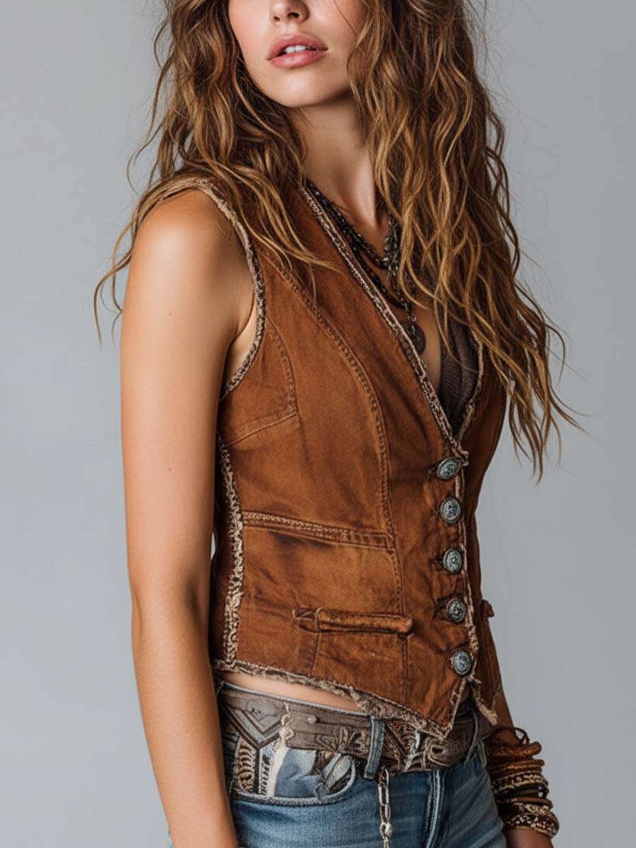 Gilet en Jean Délavé Caramel avec Surpiqûres Boutons en Laiton