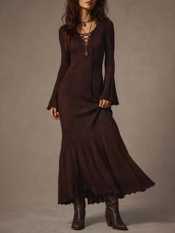 Abito Midi in Maglia a Colletto Stile Vintage