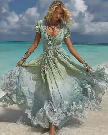 Vestido Bordado Floral Com Renda E Miçangas Para Férias De Verão ad59