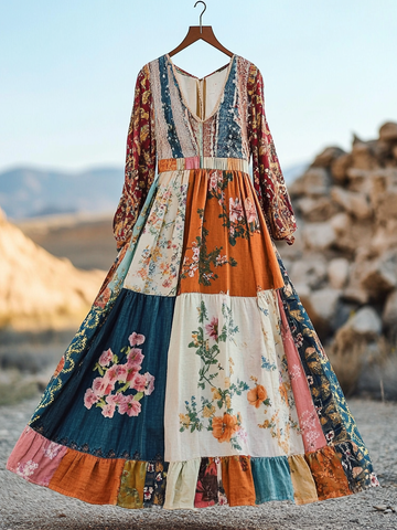Abito da donna vintage bohémien in cotone e lino con applicazioni artistiche 7005