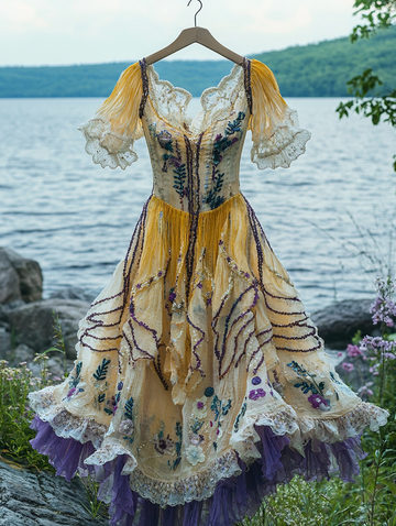 Vestido de verão com babados, renda e cores contrastantes f070