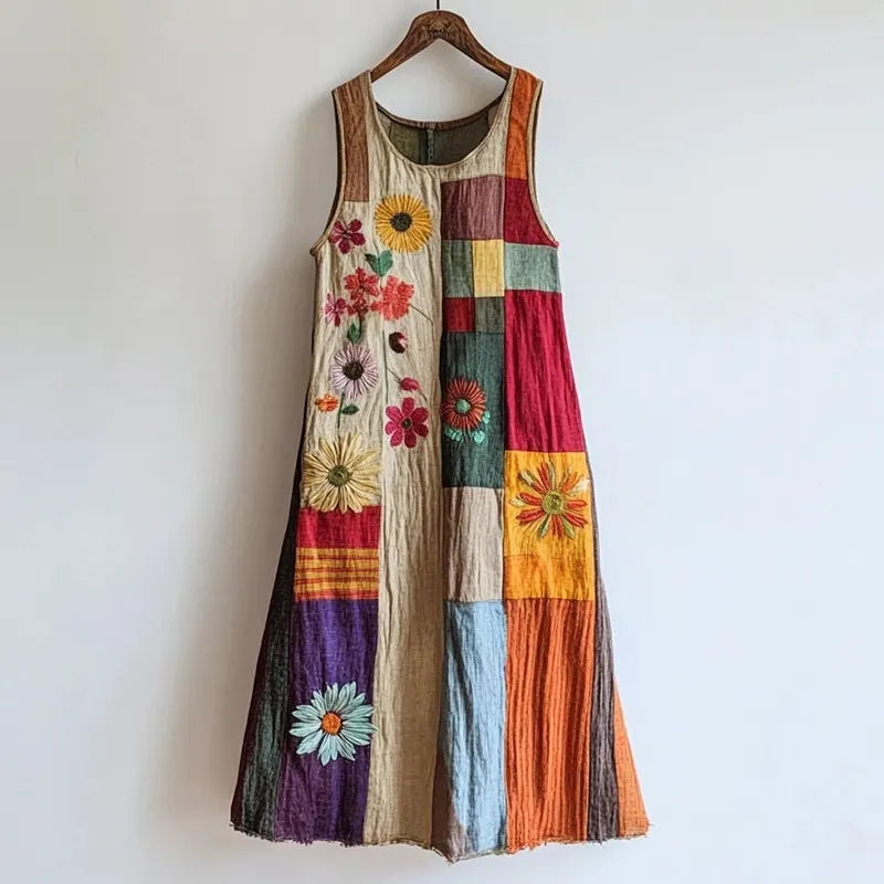 Vestido de Linho Misto Bordado Floral Patchwork Colorido 807f