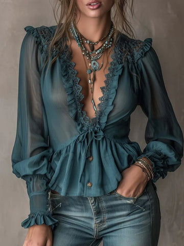 Blusa de Chiffon Vintage com Babados e Renda