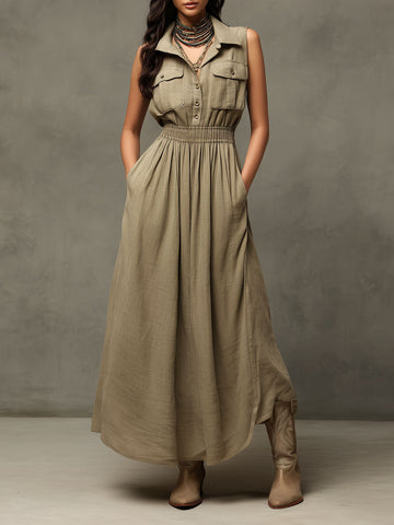 Vestido Maxi Boho Sem Mangas Franzido Utilitário Com Bolsos