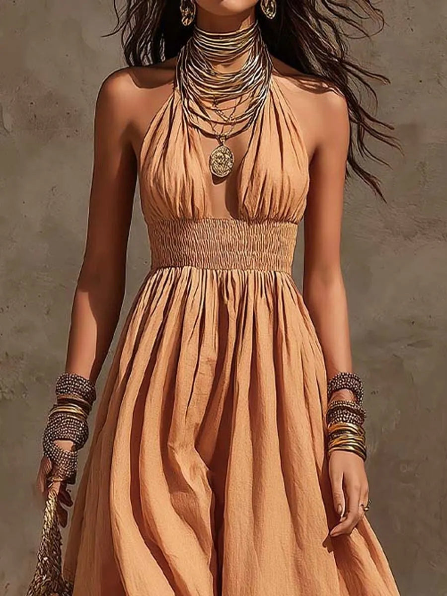 Bohemian Halter Smocked Cotton-Linen Maxi Dress