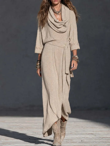 Maxi abito Boho color avena con collo a cappuccio e cintura in vita