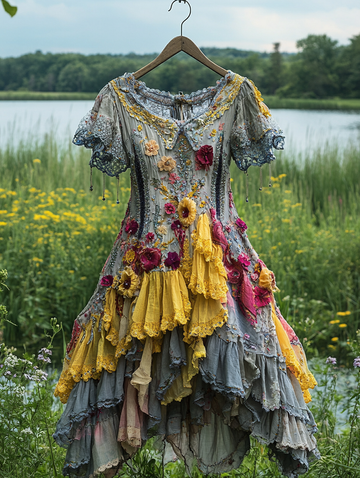 Vestido de Verão com Renda Franzida e Contraste de Cores ea8c