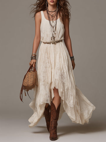 Vestido longo boho de renda com bainha assimétrica (cinto incluído)