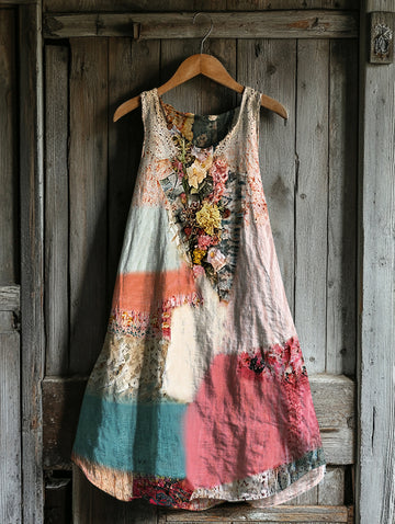Vestido Feminino Vintage Tribal Floral Patchwork Algodão e Linho 0e00