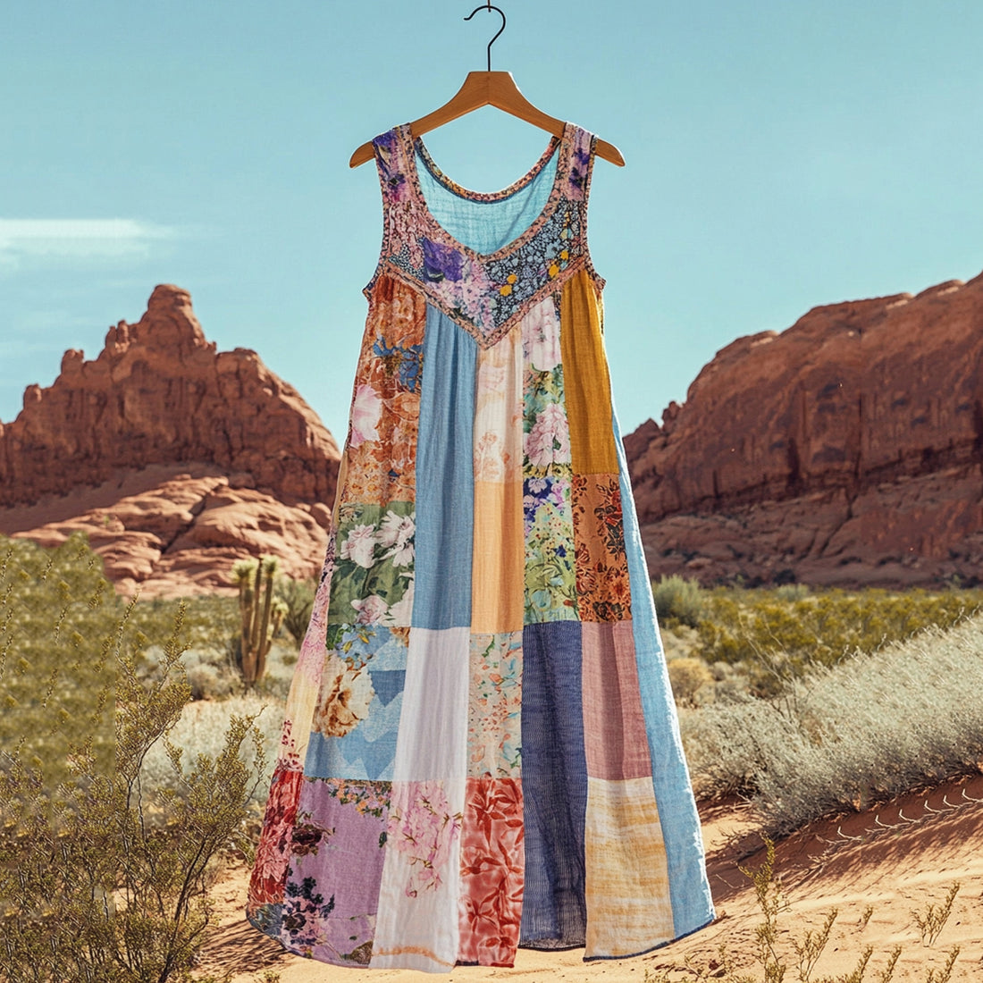 Vestido Regata Feminino de Linho com Estampa Floral Geométrica Retrô 9d8c