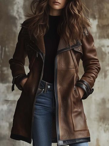 Veste en similicuir à col contrastant vintage pour femme