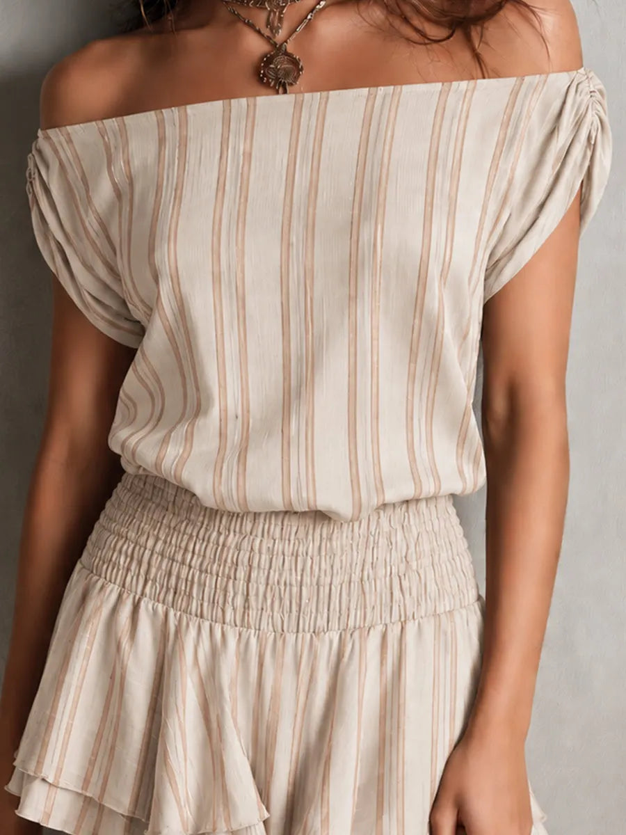 Retro Off-Shoulder Shirred Waist Striped Mini Dress
