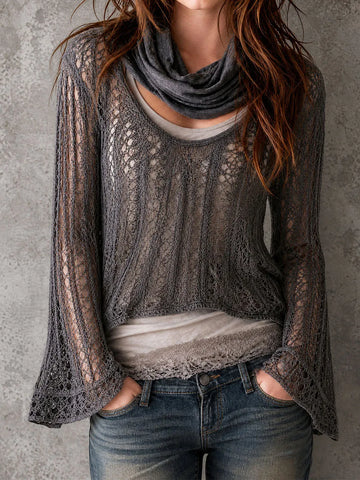 Top traforato con maniche a campana color carbone
