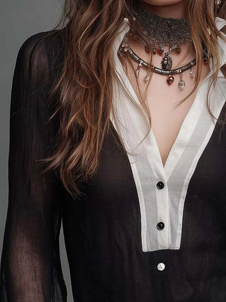 Chemisier vintage col à revers boutonné en Tencel et lin avec finitions contrastantes, manches bouffantes transparentes et poignets volantés
