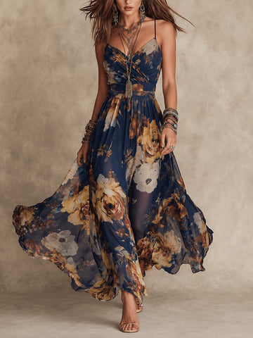 Robe Midi Rétro en Mousseline à Fines Bretelles avec Imprimé Floral Style Peinture à l'Huile