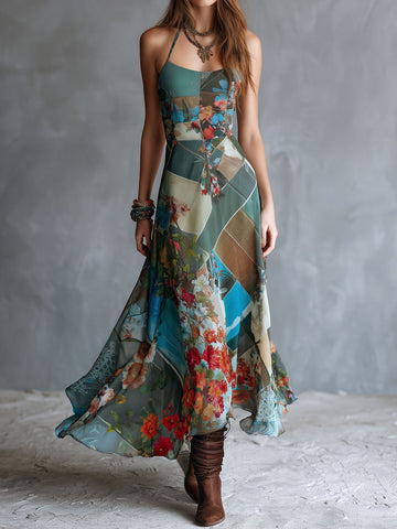 Vestido Midi Floral de Chiffon Patchwork Turquesa Retrô Boho