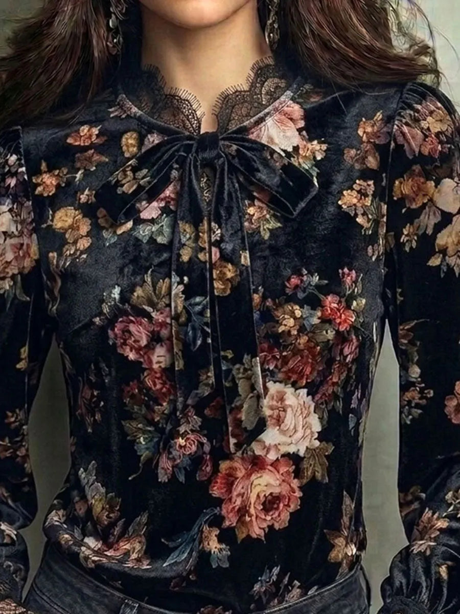 Chemisier rétro en velours floral à nœud lavallière et poignets en dentelle, manches longues