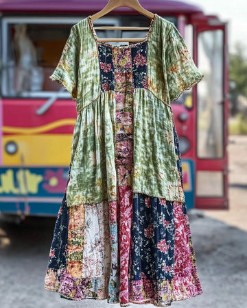 Vestido de algodão e linho patchwork solto de férias de verão a636