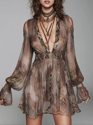 Minivestido Boho de Chiffon Estampado de Cobra