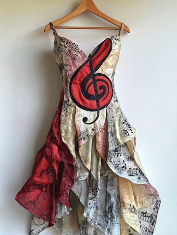 Vestido retrô elegante com tema musical e costura irregular 98dc