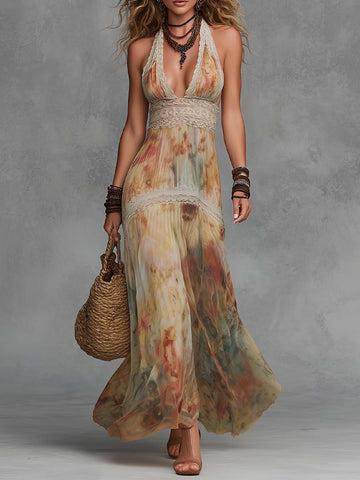 Vestido longo boêmio com alça frente única de chiffon e renda com estampa de aquarela
