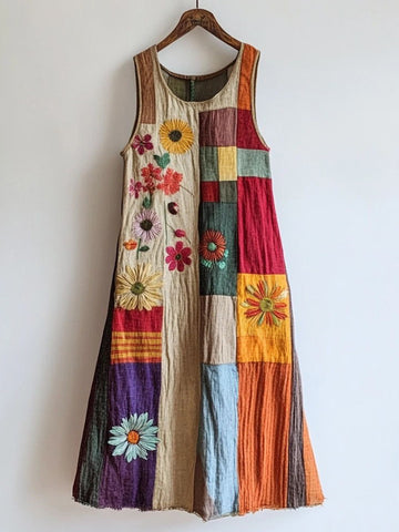 Vestido em Linho Misto com Bordado Floral Patchwork Colorido