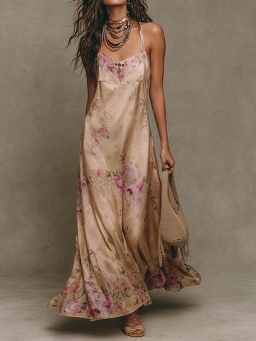 Vestido longo vintage floral de cetim com alça fina e babados na barra