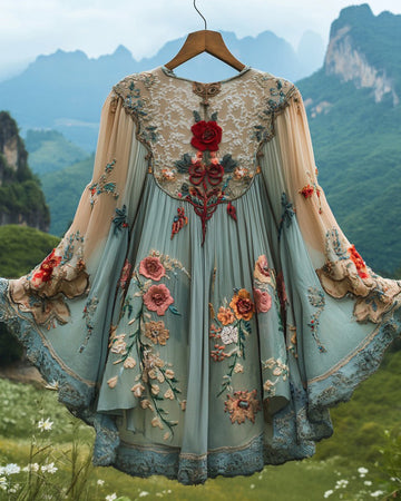 Robe caftan en mousseline à volants et dentelle contrastante pour les vacances d'été da19