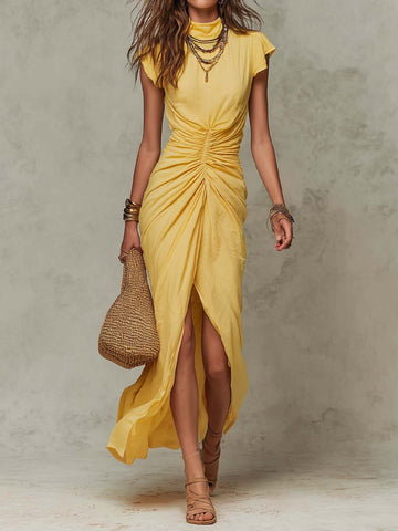 Robe longue bohème en coton, col montant, drapée et froncée