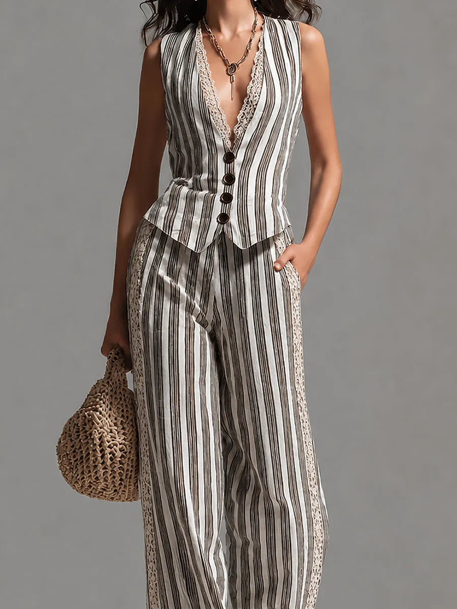 Ensemble gilet rayé rétro coupe ajustée et pantalon large bordé de dentelle