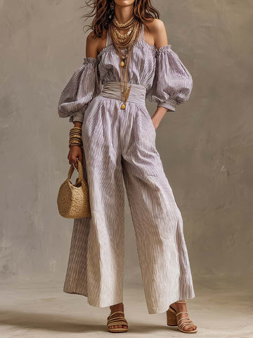 Bohemian Halter Off-Shoulder Puff Sleeve Wide-Leg Jumpsuit