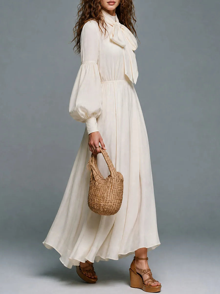 Robe longue à manches bouffantes et col lavallière