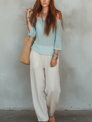 Conjunto de Suéter de Tricô Azul-Claro Confortável e Calça Pantalona