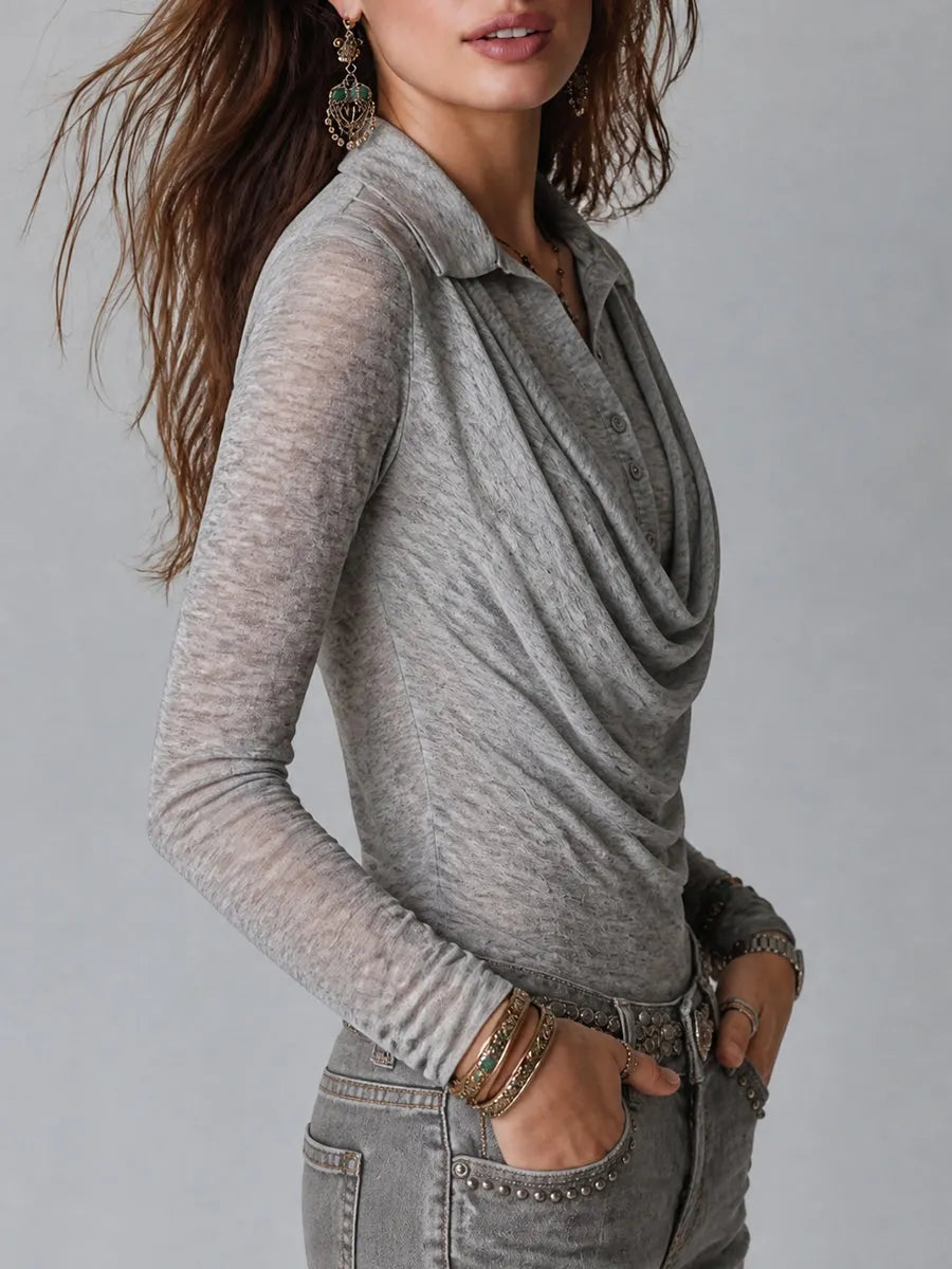 T-shirt manches longues gris chiné, col bénitier drapé, style rétro