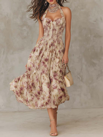 Bohemian Halter Smocked Waist Vintage Floral Midi Dress