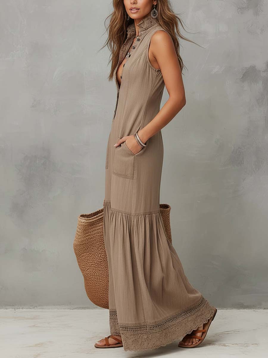 Vestido Maxi Regata Algodão Puro Cáqui Clássico