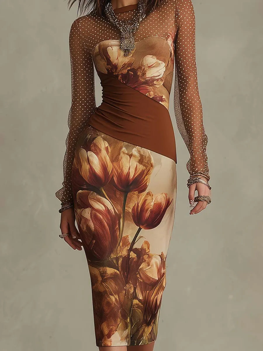 Robe midi moulante en maille à pois, imprimé floral tulipe vintage, manches longues et taille froncée