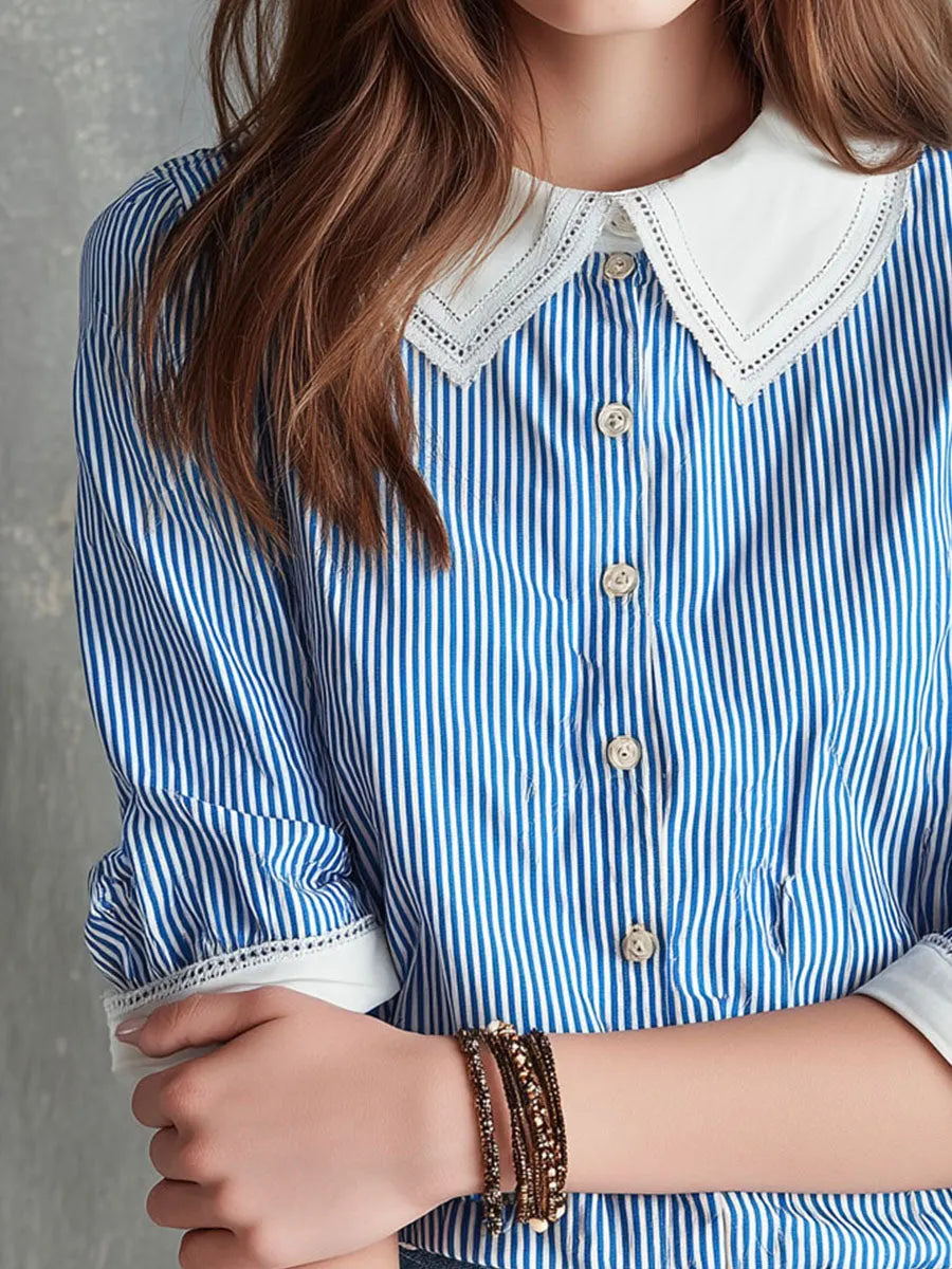Camicetta in cotone a righe blu e bianche con colletto a contrasto Boho