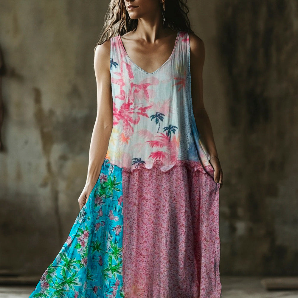Vestido regata de linho floral vintage feminino dd4e