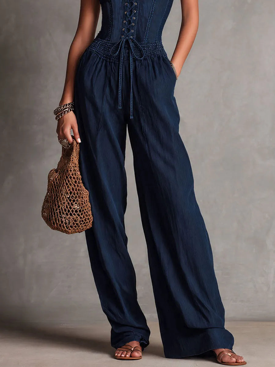 Boho Chic Navy Corset Lace-Up Wide-Leg Jumpsuit