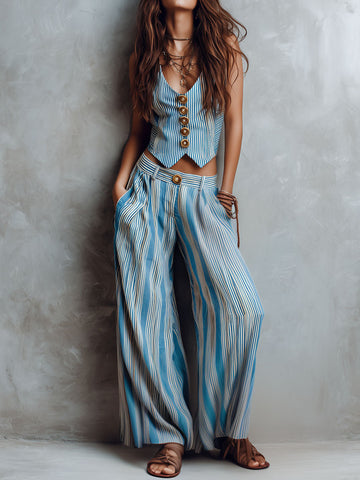 Conjunto Boho de Colete Listrado Azul e Calça Wide-Leg