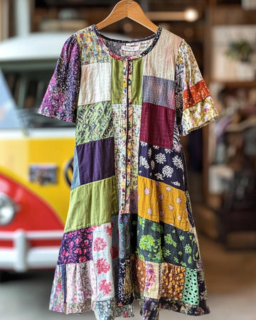 Summer vacation loose patchwork cotton and linen dress 1e62
